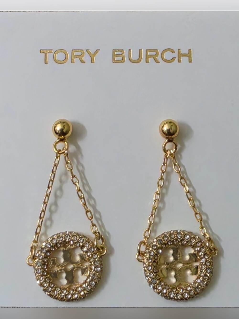 New Tory Burch Miller pavé Gold drop earrings on TB Earring Card
